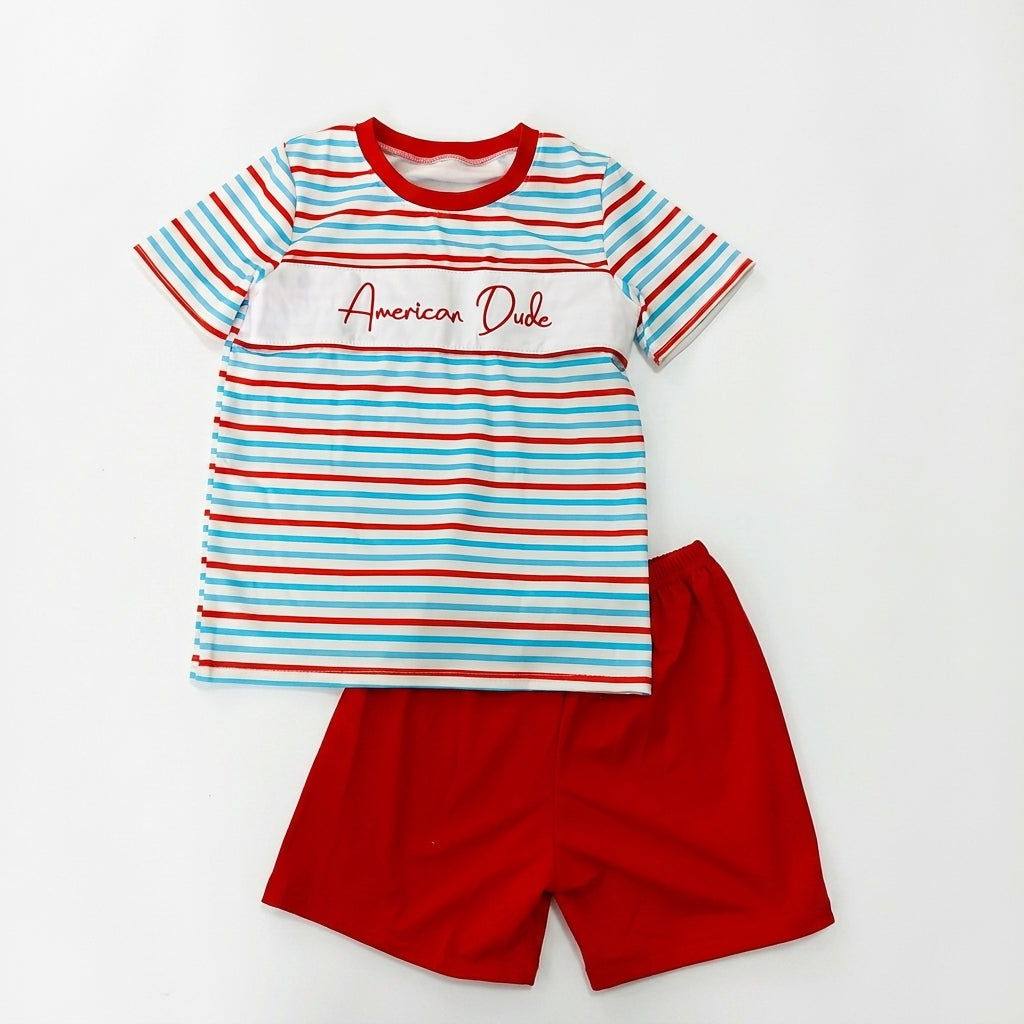 Boys American Dude Striped T-Shirt & Shorts Set – 2T to 8 Years