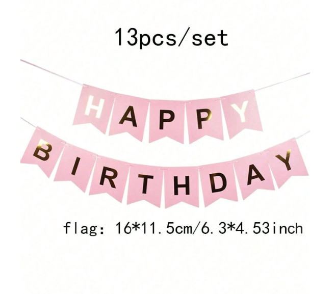 Pink Happy Birthday Paper Pennant Banner – 13-Piece Hanging Party Decoration Set
