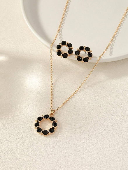 Women's Rhinestone Flower Circle Jewelry Set - Necklace & Earrings