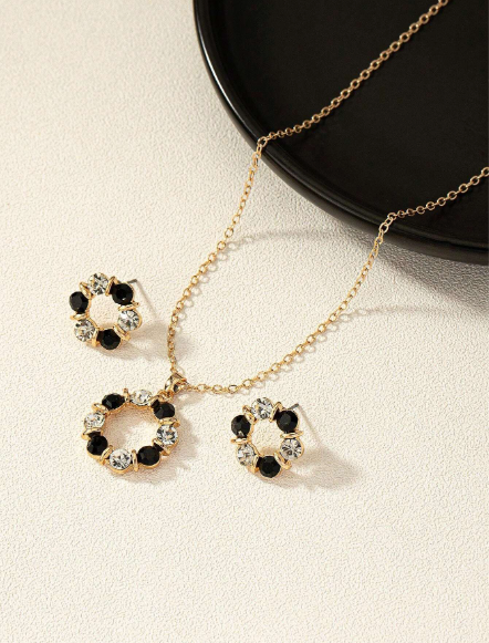 Women's Rhinestone Flower Circle Jewelry Set - Necklace & Earrings