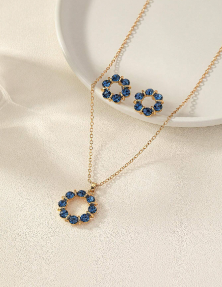Women's Rhinestone Flower Circle Jewelry Set - Necklace & Earrings