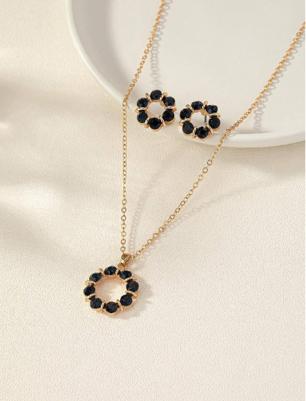 Women's Rhinestone Flower Circle Jewelry Set - Necklace & Earrings