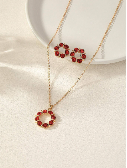 Women's Rhinestone Flower Circle Jewelry Set - Necklace & Earrings