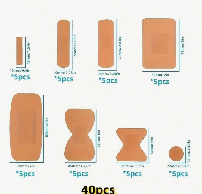40 Pcs Waterproof Adhesive Bandages – Assorted Shapes & Sizes with Cushioning Pads, Flexible PE Material, Individually Packaged