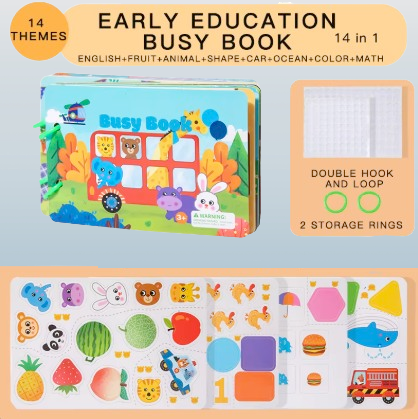 Busy Book for Toddlers – 14-in-1 Early Learning Educational Activity Book with Reusable Stickers