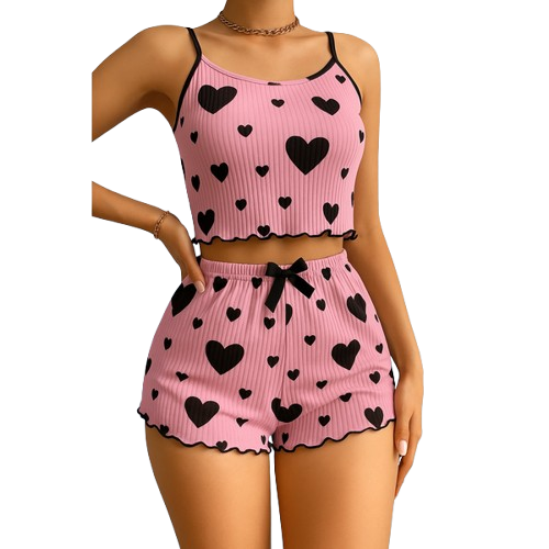 Sweetheart Knit Lounge Set – 2 Piece Cami & Shorts Pajamas