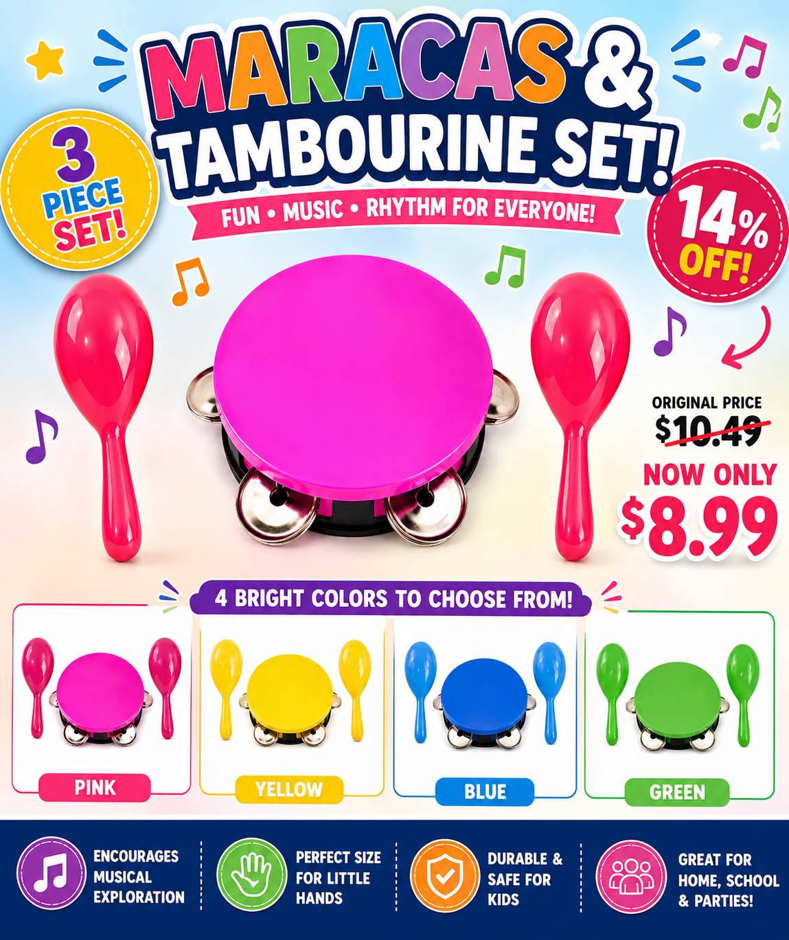 Kids Musical Instrument Set – 1 Tambourine & 2 Maracas Bundle, Colorful Rhythm Toy Set for Toddlers & Children Ages 3+