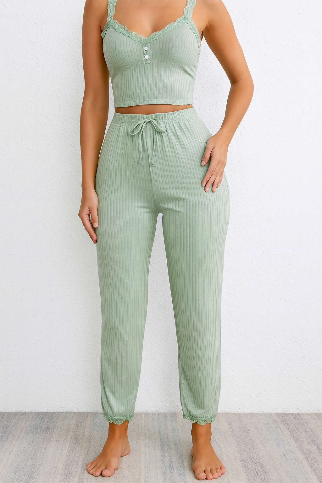 Women's Two-Piece Soft Lounge Pajama Set – Lace Trim Halter Top & Drawstring Pants