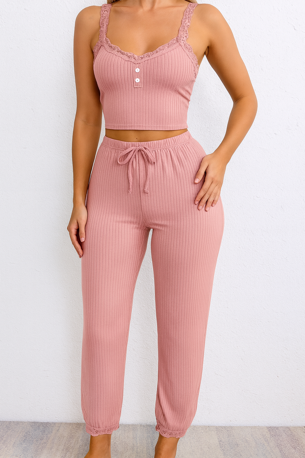 Women's Two-Piece Soft Lounge Pajama Set – Lace Trim Halter Top & Drawstring Pants