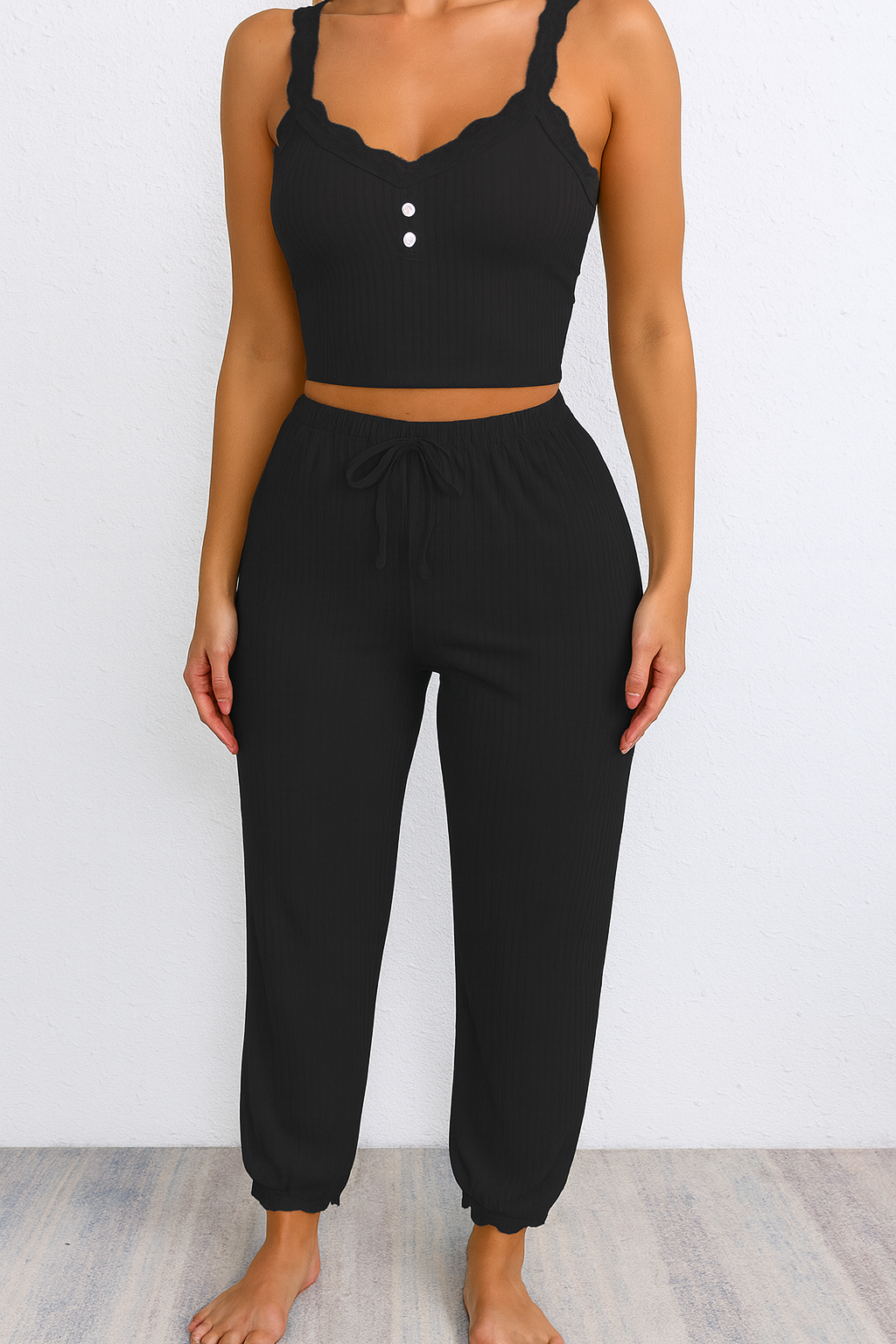 Women's Two-Piece Soft Lounge Pajama Set – Lace Trim Halter Top & Drawstring Pants
