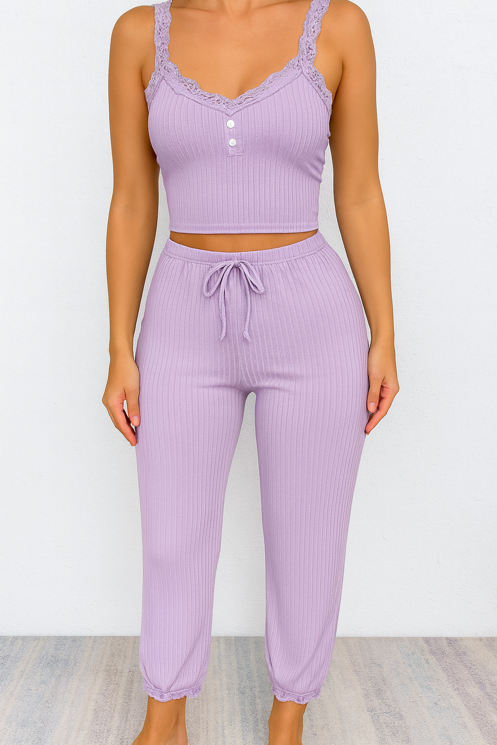 Women's Two-Piece Soft Lounge Pajama Set – Lace Trim Halter Top & Drawstring Pants