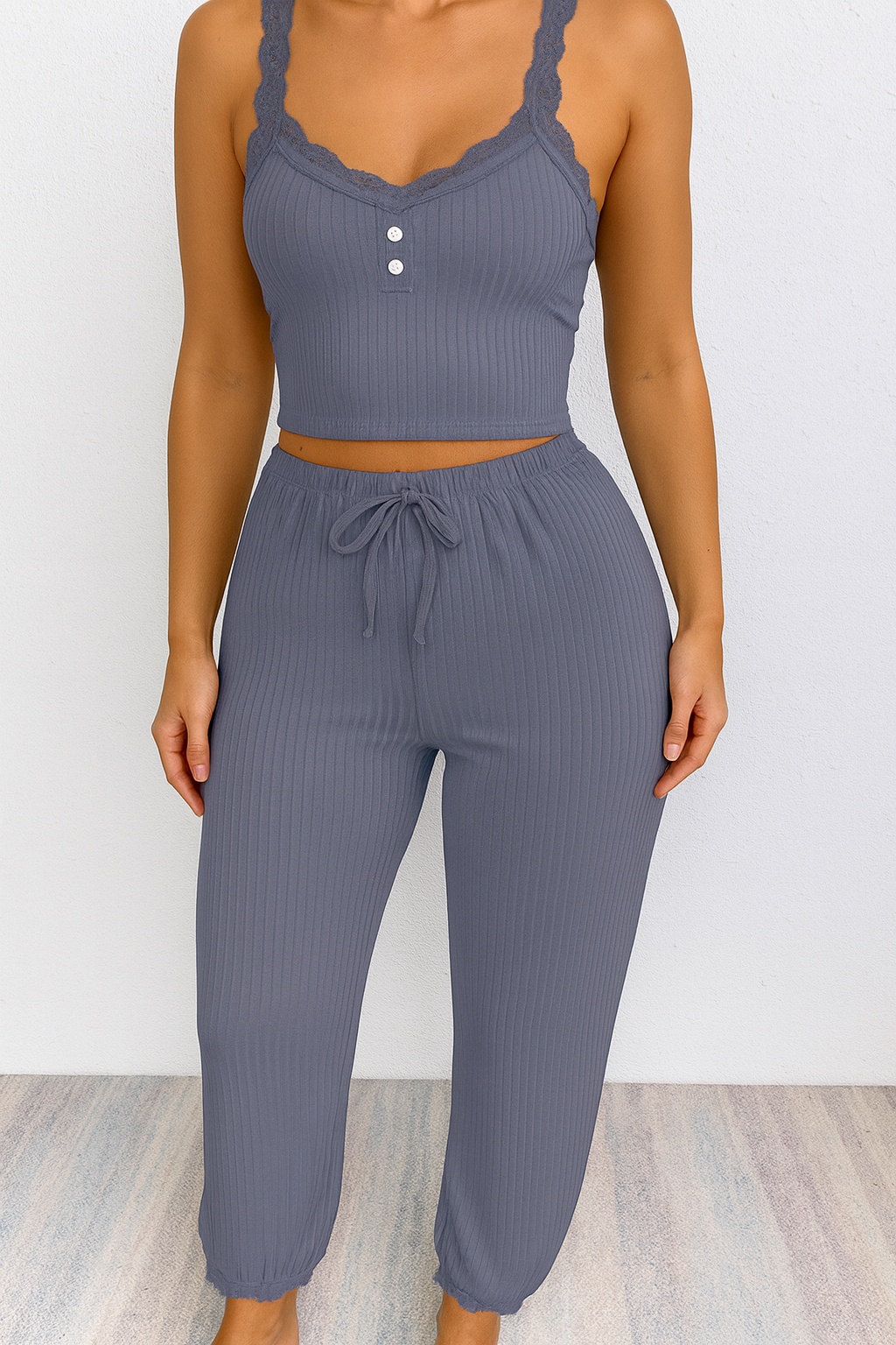 Women's Two-Piece Soft Lounge Pajama Set – Lace Trim Halter Top & Drawstring Pants