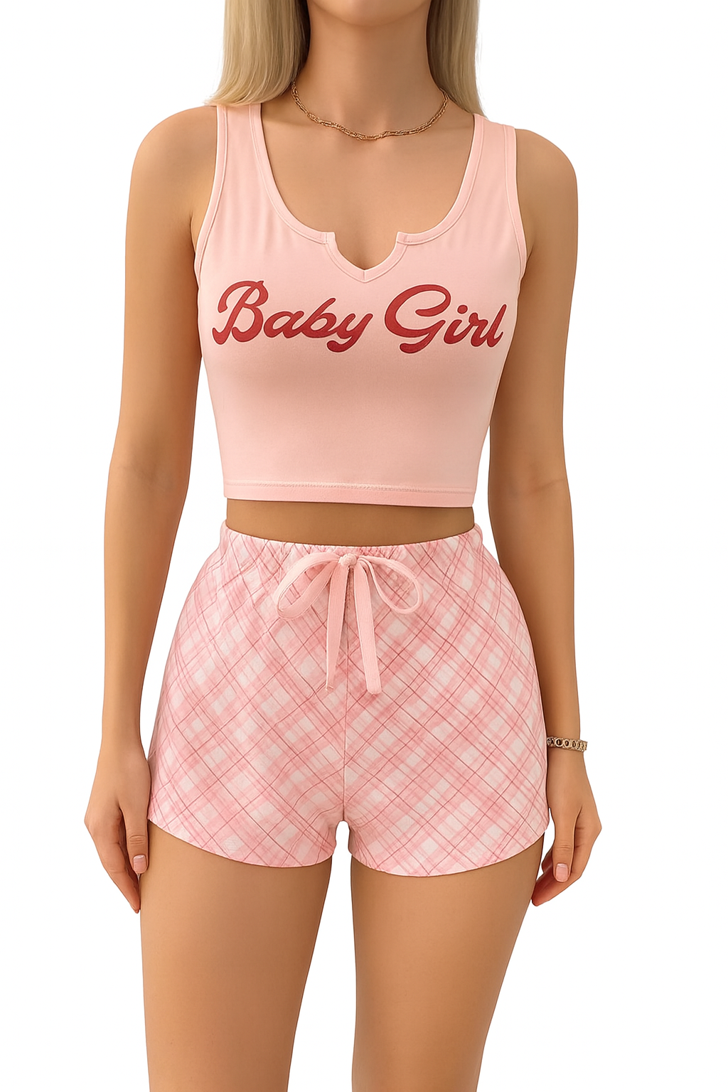 Women's Two-Piece "Baby Girl" Loungewear Set, Crop Top with Plaid Shorts