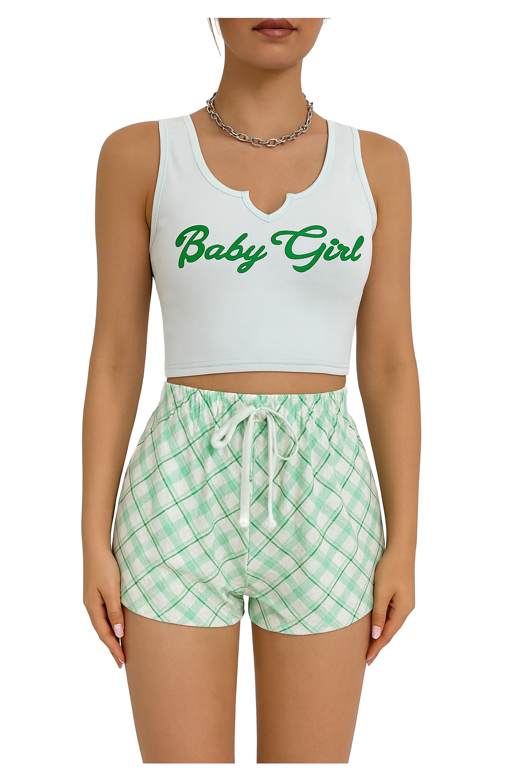 Women's Two-Piece "Baby Girl" Loungewear Set, Crop Top with Plaid Shorts