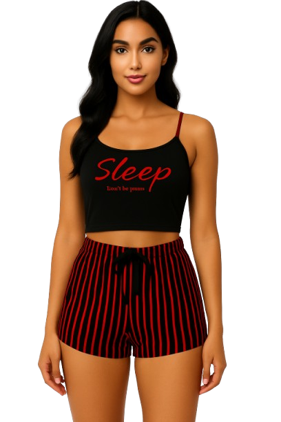 Women's 2-Piece Sleepwear Set – “Sleep” Crop Top & Striped Shorts