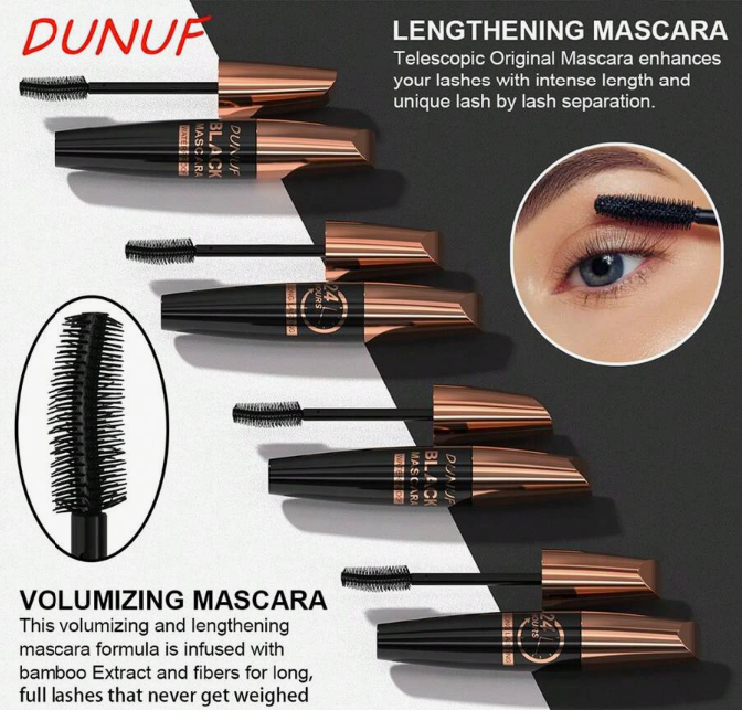 DUNUF 24-Hour Waterproof Black Mascara – Volumizing & Lengthening False Lash Effect