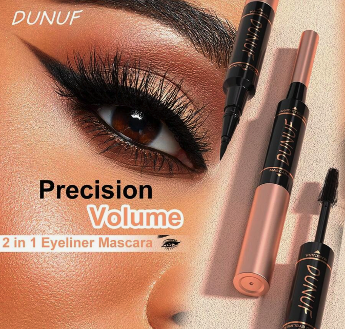 DUNUF 2-in-1 Waterproof Mascara & Liquid Eyeliner – Precision Tip & Volumizing Curl