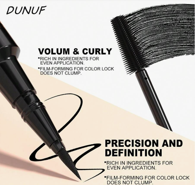 DUNUF 2-in-1 Waterproof Mascara & Liquid Eyeliner – Precision Tip & Volumizing Curl