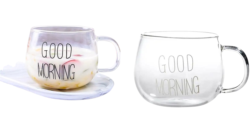 "Good Morning" Pattern Pot Belly Breakfast Mug