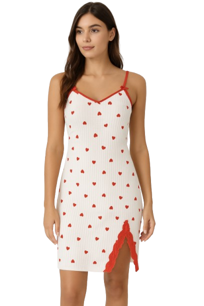 Women's Heart Print Lace-Trim Sleep Dress with Side Slit