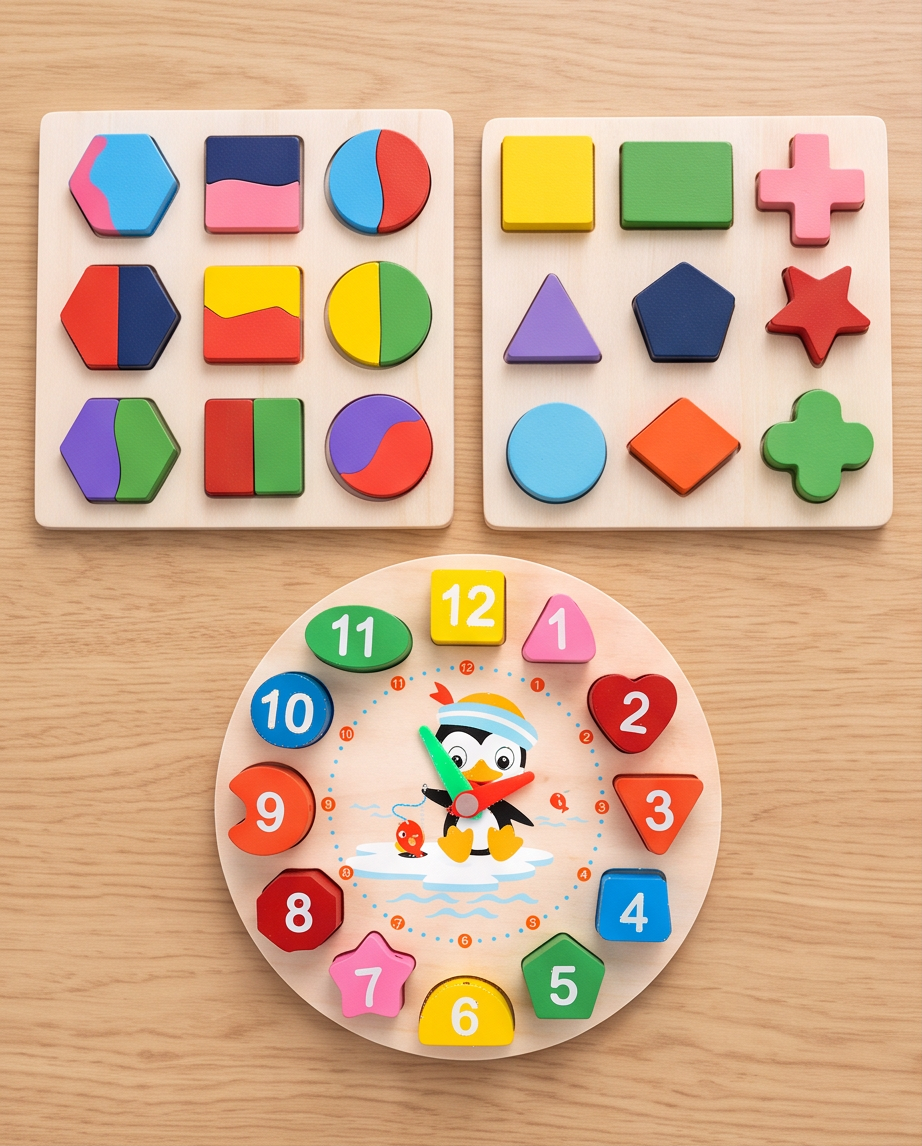 3-Pack Educational Wooden Puzzle Set – Shapes, Colors & Clock Learning