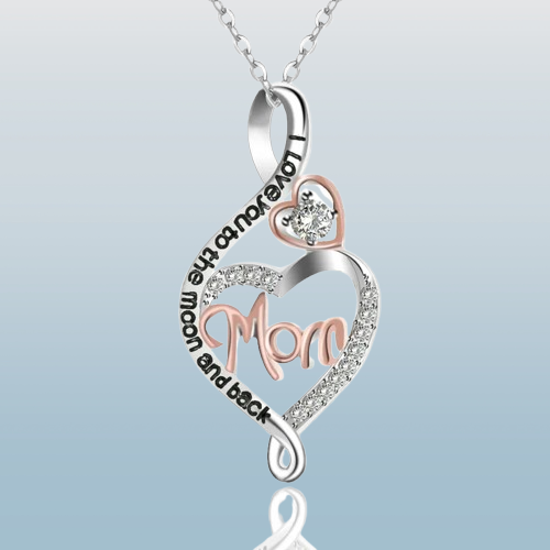 Mom Heart Pendant Necklace – "Love You to the Moon and Back" Rhinestone Design