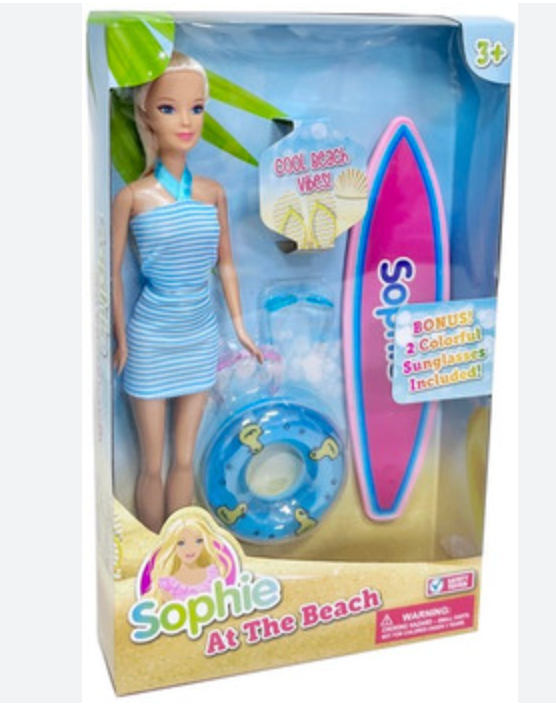 11.5" Sophie Beach Doll – Beach Outfit, Float Ring & Surfboard Set
