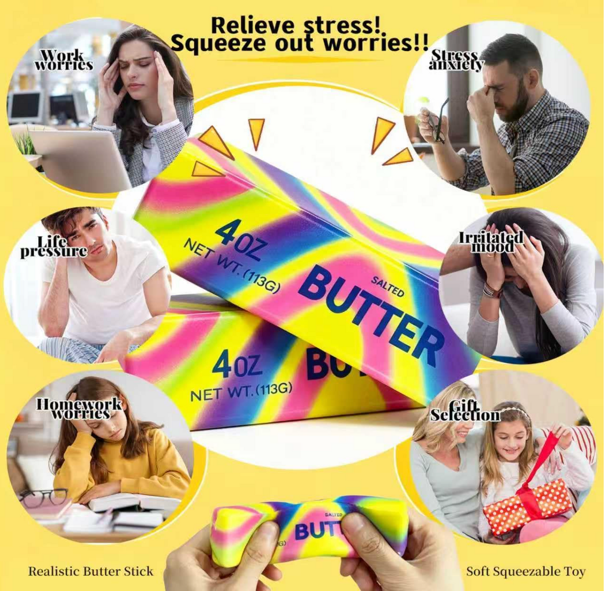 Rainbow Butter Squishy Fidget Toys – 4 oz Butter Bar Stress Relief Squeeze Toys
