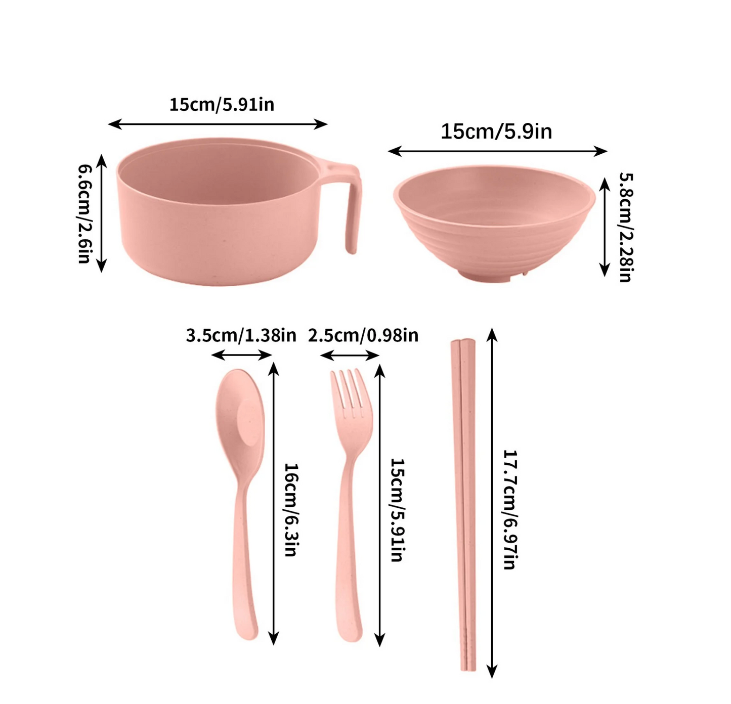Safe Haven & CO Wheat Straw Instant Noodle Bowl with Lid, Handle, Fork, Spoon & Chopsticks