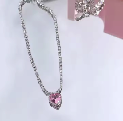 Heart Pink Rhinestone Choker Necklace, Silver Tone