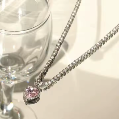 Heart Pink Rhinestone Choker Necklace, Silver Tone