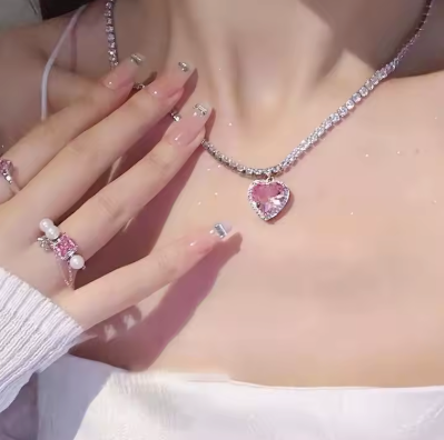 Heart Pink Rhinestone Choker Necklace, Silver Tone