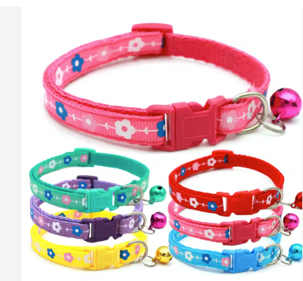 Adjustable Nylon Pet Collar with Flower Print and Bell