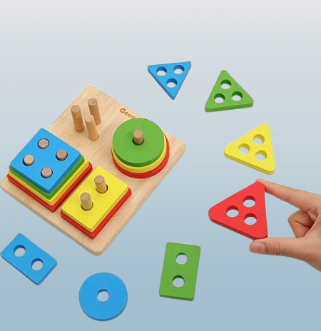 Wooden Shape Sorting Puzzle – Geometric Stacking Educational Toy for Toddlers