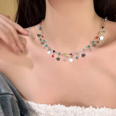 Butterfly Beaded Multicolored Crystal Necklace