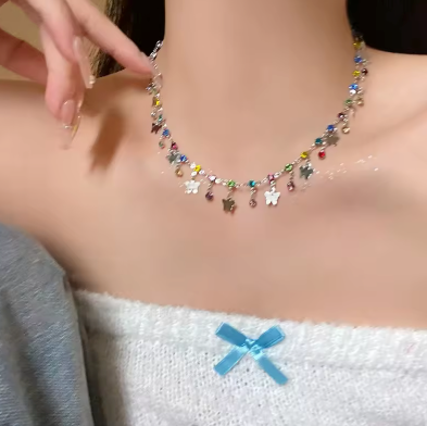 Butterfly Beaded Multicolored Crystal Necklace