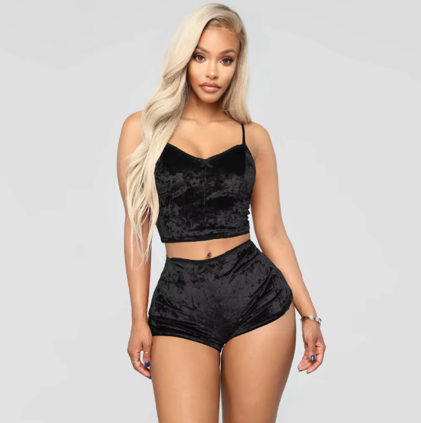 Women's Velvet Halter Top and Shorts Sleepwear Set