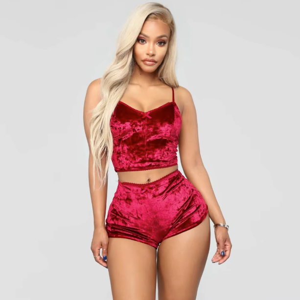 Women's Velvet Halter Top and Shorts Sleepwear Set