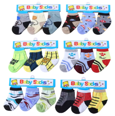 Assorted 3-Pair Baby Socks – Unisex Designs for Boys & Girls