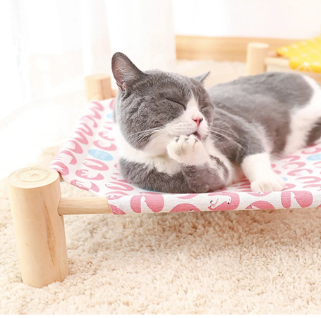 Wooden Frame Elevated Pet Hammock Bed – Breathable Summer Cot for Cats & Small Dogs