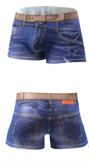 Men's 3D Denim Print Boxer Briefs, Mid-Waist Trunks, Novelty Design with Belt Detail, L-2XL