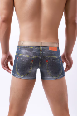 Men's 3D Denim Print Boxer Briefs, Mid-Waist Trunks, Novelty Design with Belt Detail, L-2XL
