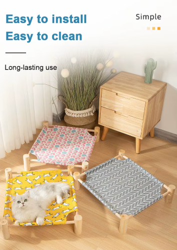 Wooden Frame Elevated Pet Hammock Bed – Breathable Summer Cot for Cats & Small Dogs