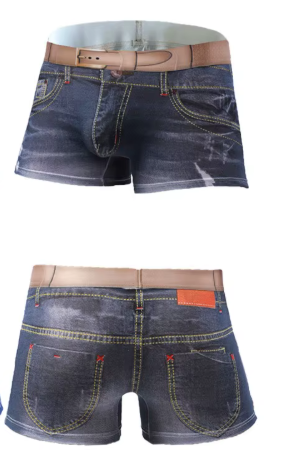 Men's 3D Denim Print Boxer Briefs, Mid-Waist Trunks, Novelty Design with Belt Detail, L-2XL
