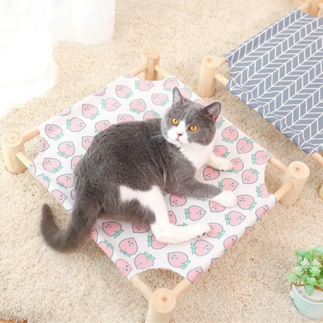 Wooden Frame Elevated Pet Hammock Bed – Breathable Summer Cot for Cats & Small Dogs