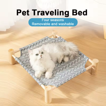 Wooden Frame Elevated Pet Hammock Bed – Breathable Summer Cot for Cats & Small Dogs