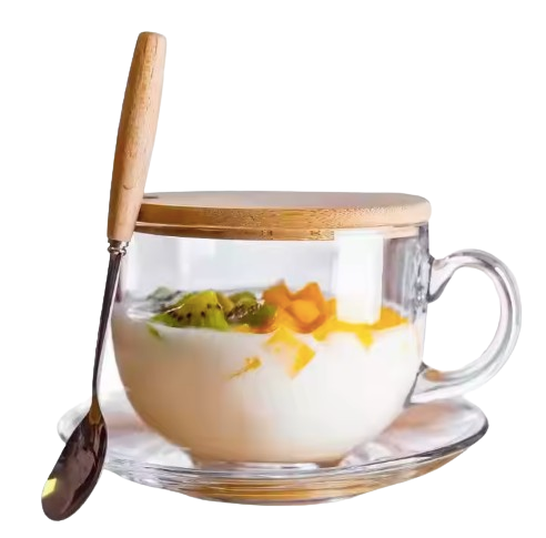 Glass Mug with Wooden Lid & Spoon