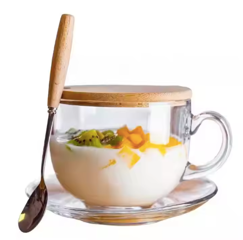 Glass Mug with Wooden Lid & Spoon