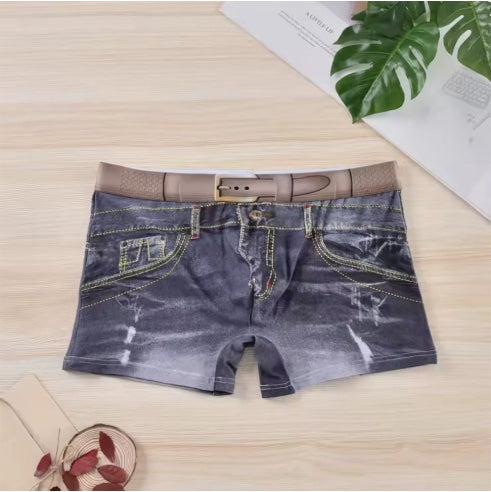 Men's 3D Denim Print Boxer Briefs, Mid-Waist Trunks, Novelty Design with Belt Detail, L-2XL