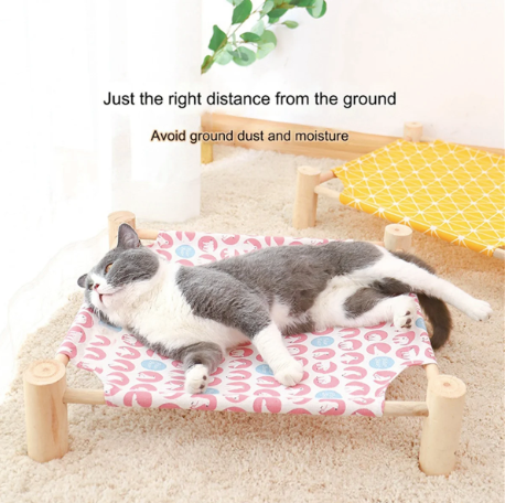 Wooden Frame Elevated Pet Hammock Bed – Breathable Summer Cot for Cats & Small Dogs